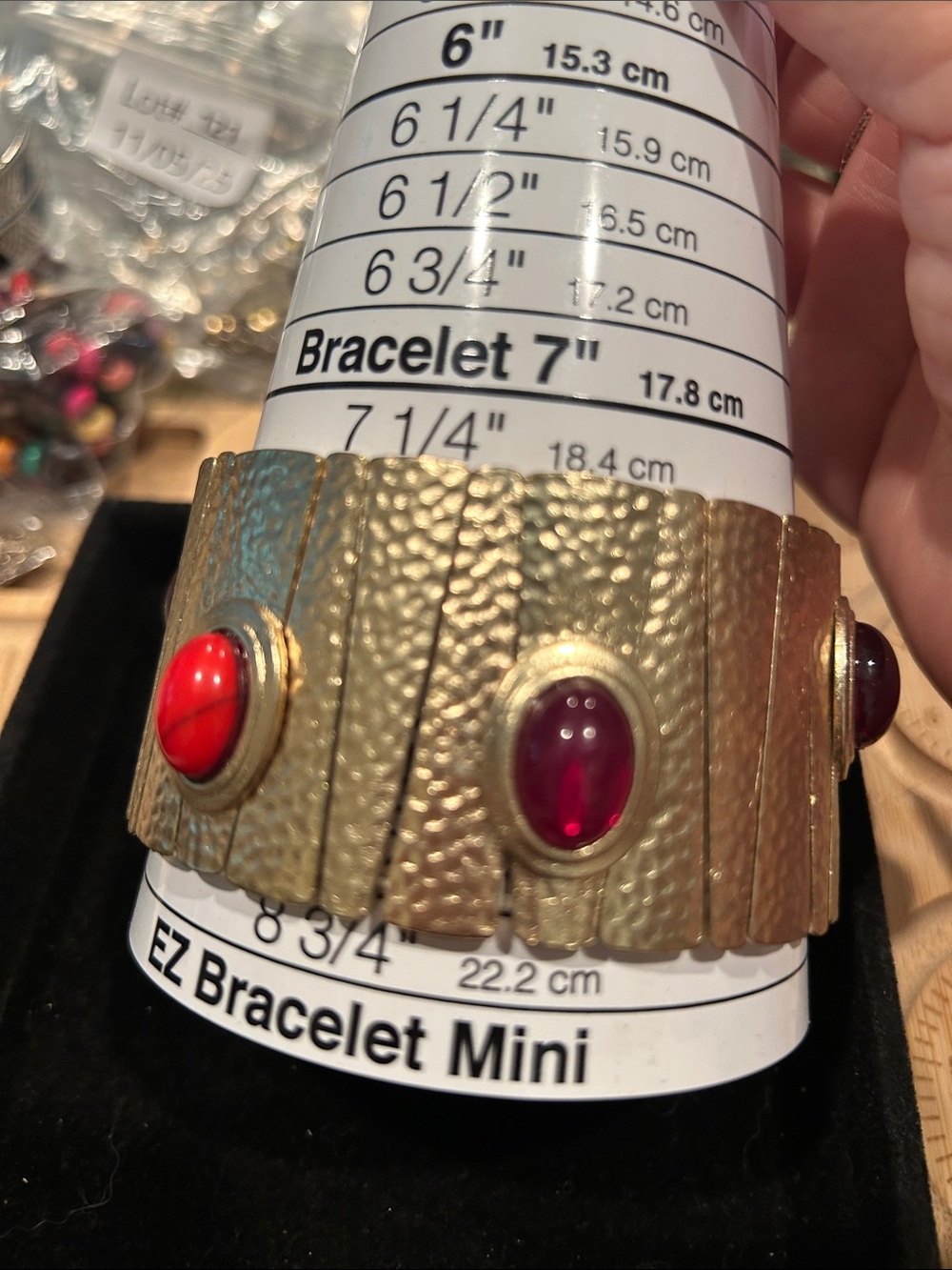 Gold Hammered Cuff Bracelet with Red and Burgundy Stones (stretch bracelet)